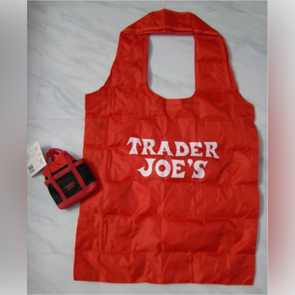 4 New Trader Joe's Black Red Mini Micro Tote Folded 2 in 1 Reusable Shopping Bag